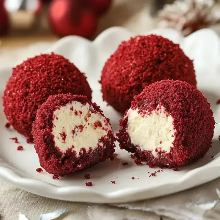 Three red velvet cake balls are displayed on a white plate, with one cut in half to reveal a creamy filling.