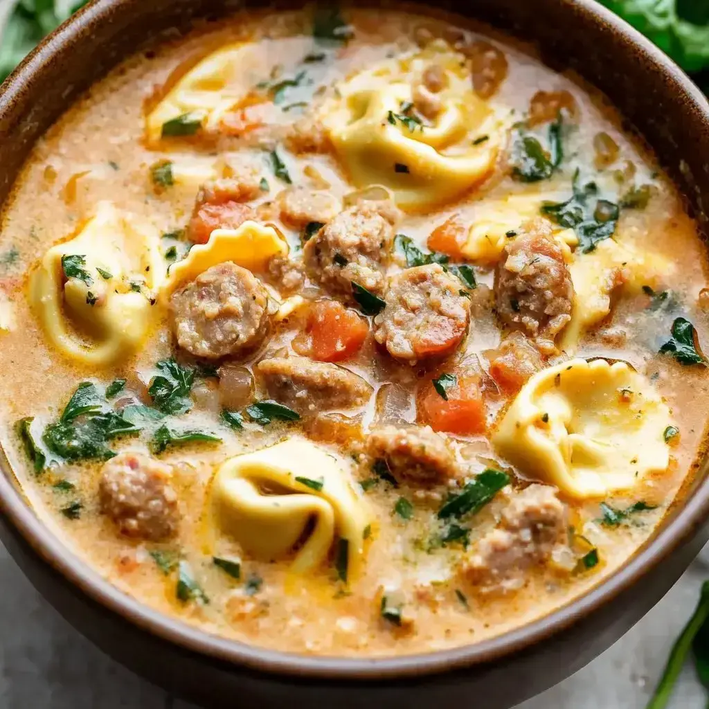 A hearty bowl of creamy soup filled with tortellini, sausage, carrots, and spinach.