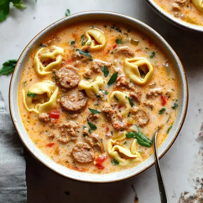 A bowl of creamy soup with sausage, tortellini, and fresh herbs.