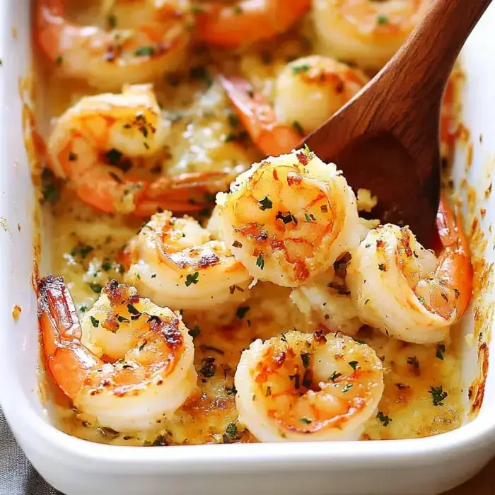 A dish of baked shrimp garnished with herbs and served in a white baking dish, with a wooden spoon scooping some shrimp.