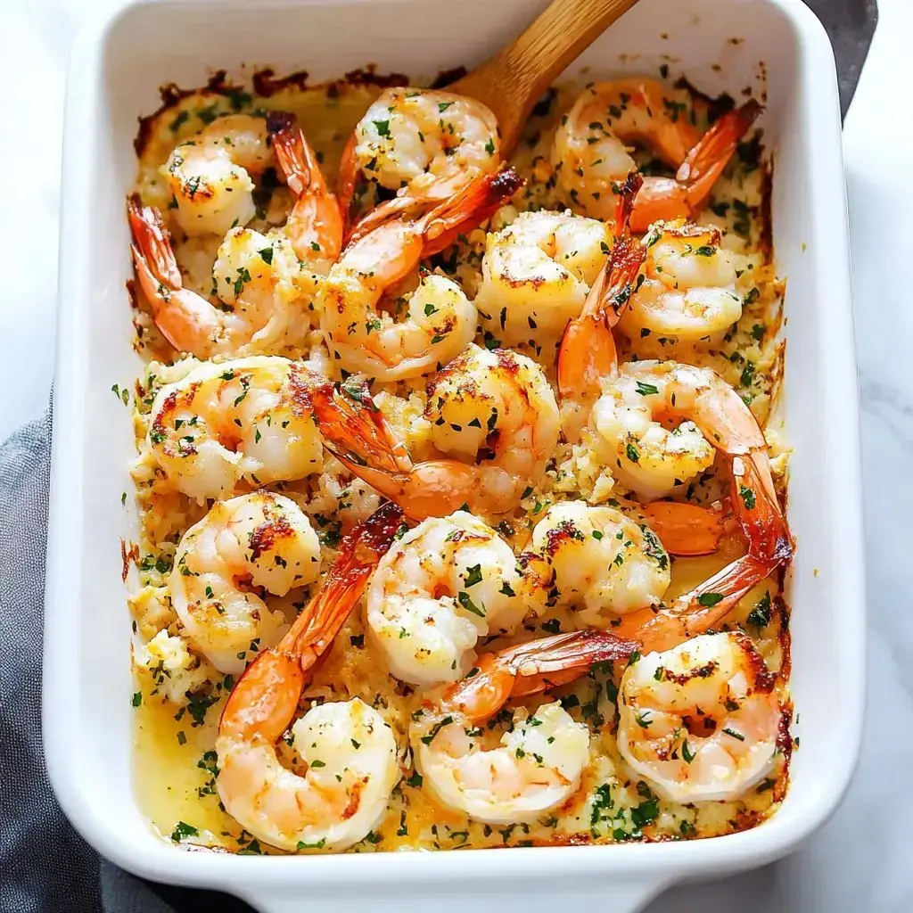 A creamy baked dish featuring large shrimp topped with herbs, served in a white casserole dish.