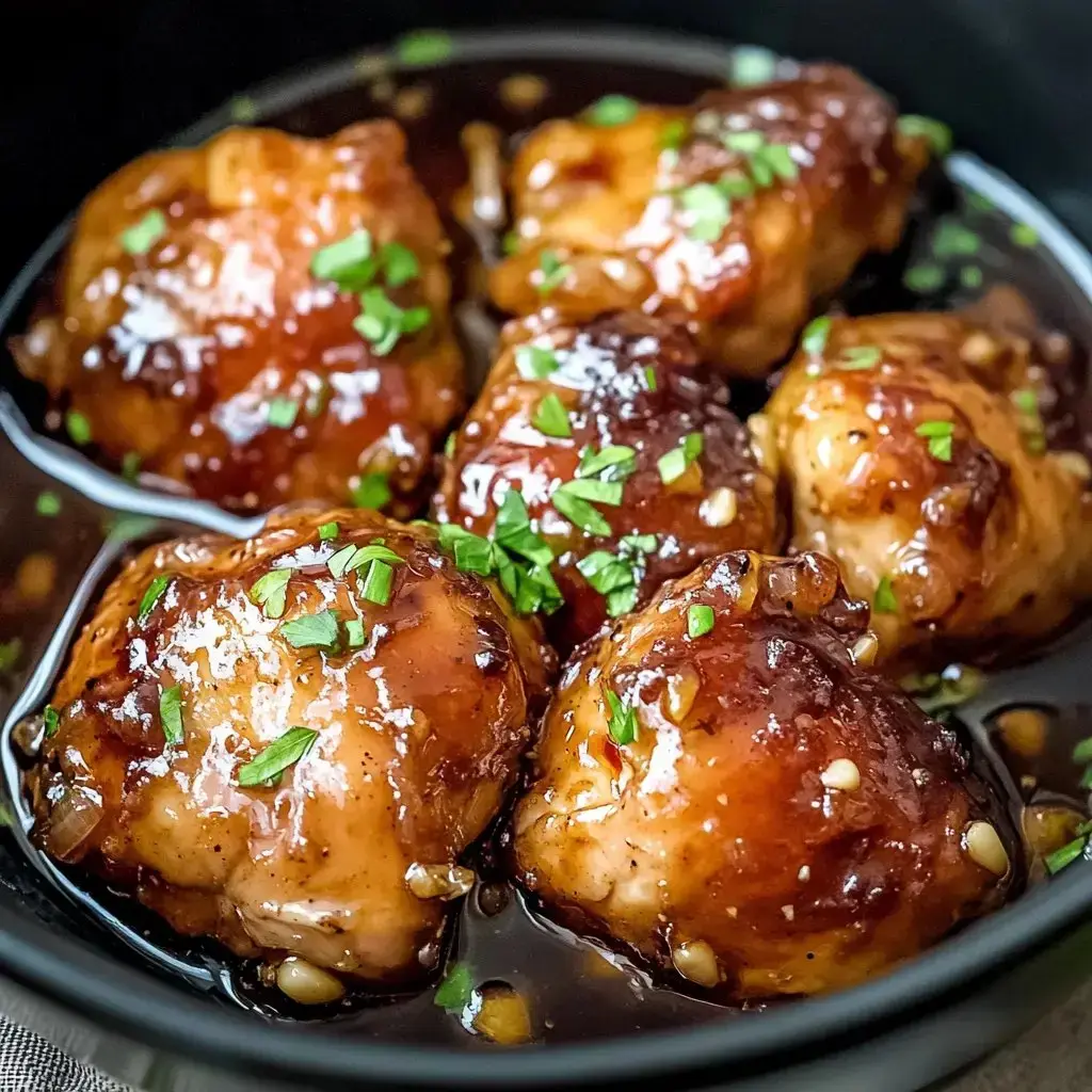 A bowl of glazed meatballs garnished with chopped green herbs in a savory sauce.