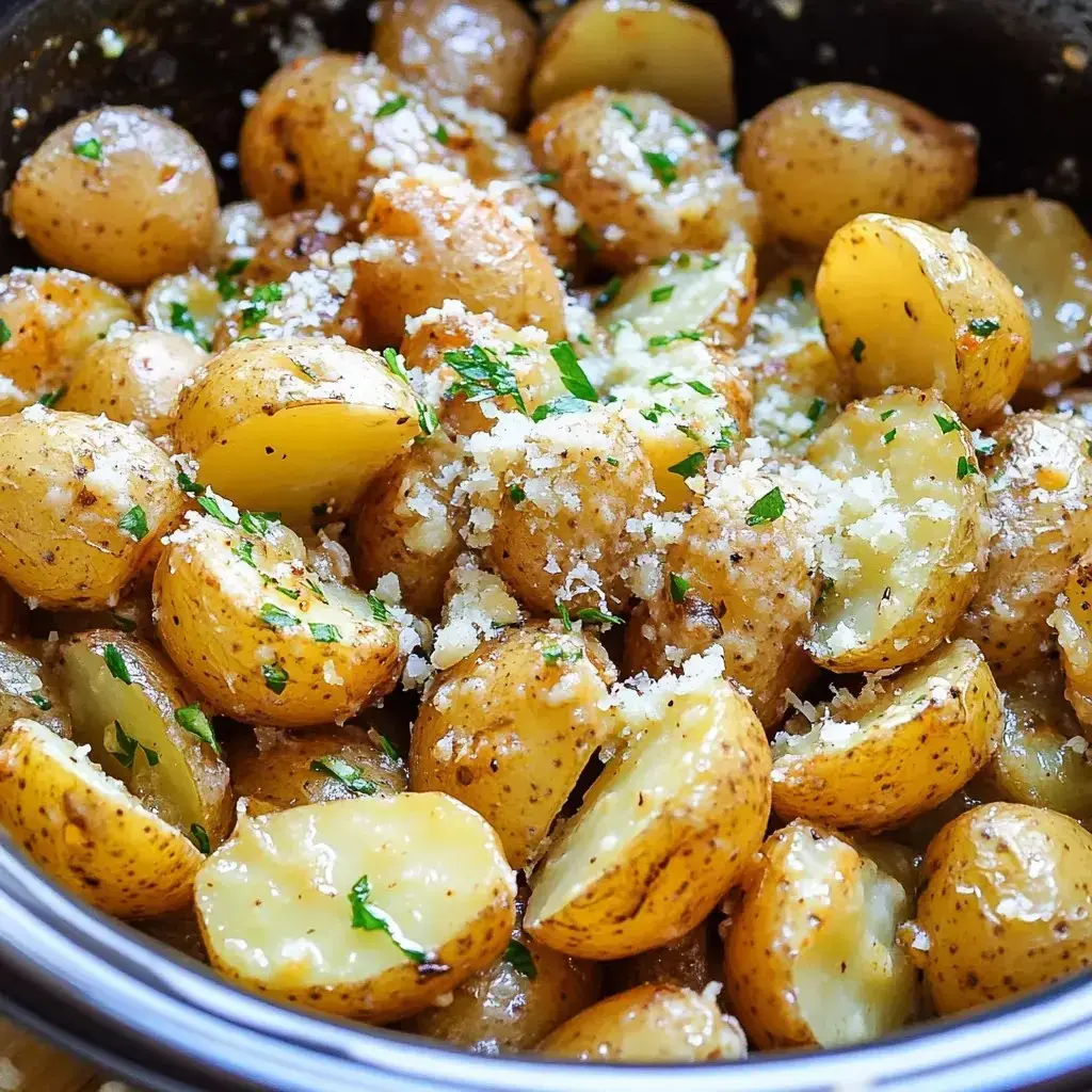 A close-up of halved and whole roasted baby potatoes topped with grated cheese and fresh herbs.