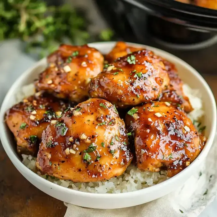 A bowl of glazed chicken thighs garnished with herbs, served over a bed of rice.