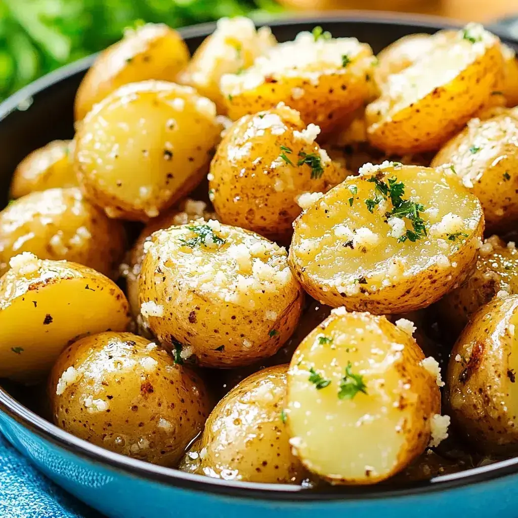 A close-up image of halved boiled potatoes garnished with herbs and cheese in a dark blue bowl.