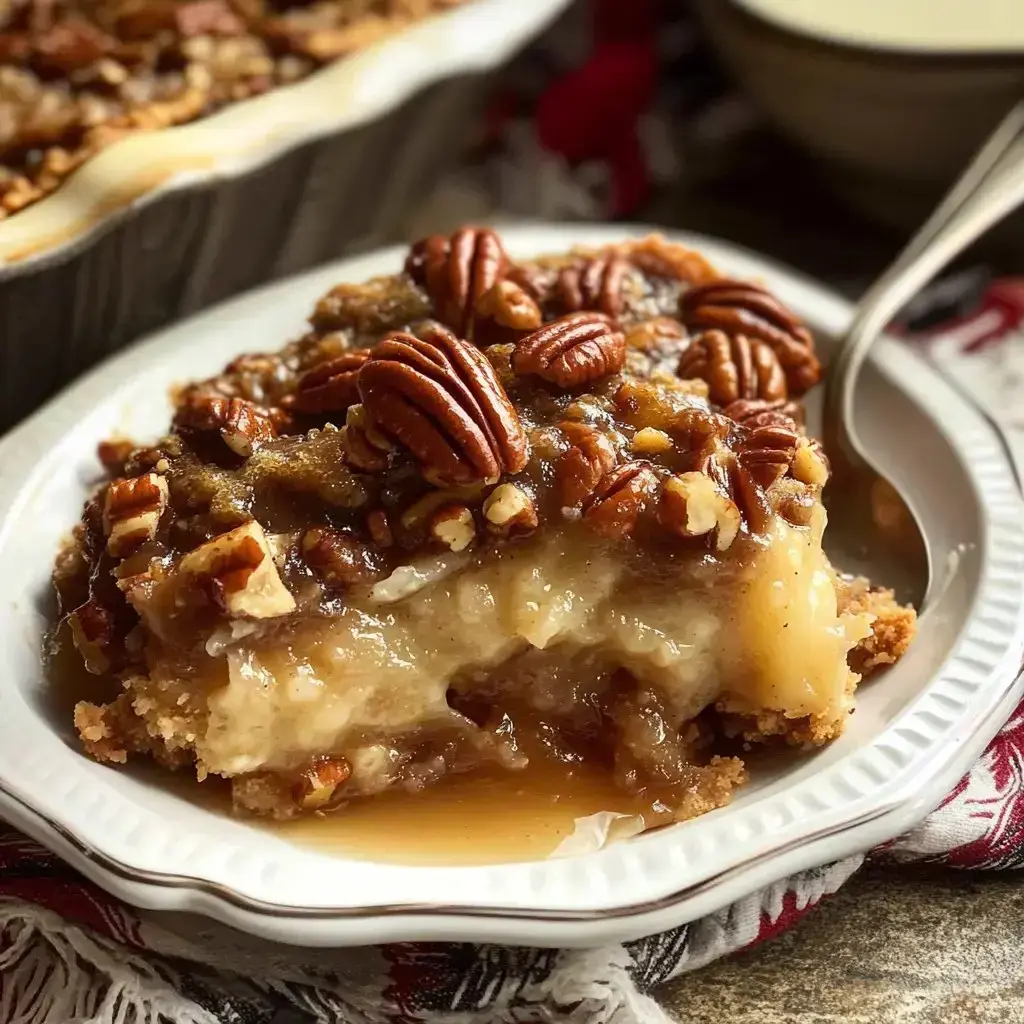 A slice of layered dessert topped with pecans is displayed on a white plate, showcasing its gooey filling and crust.