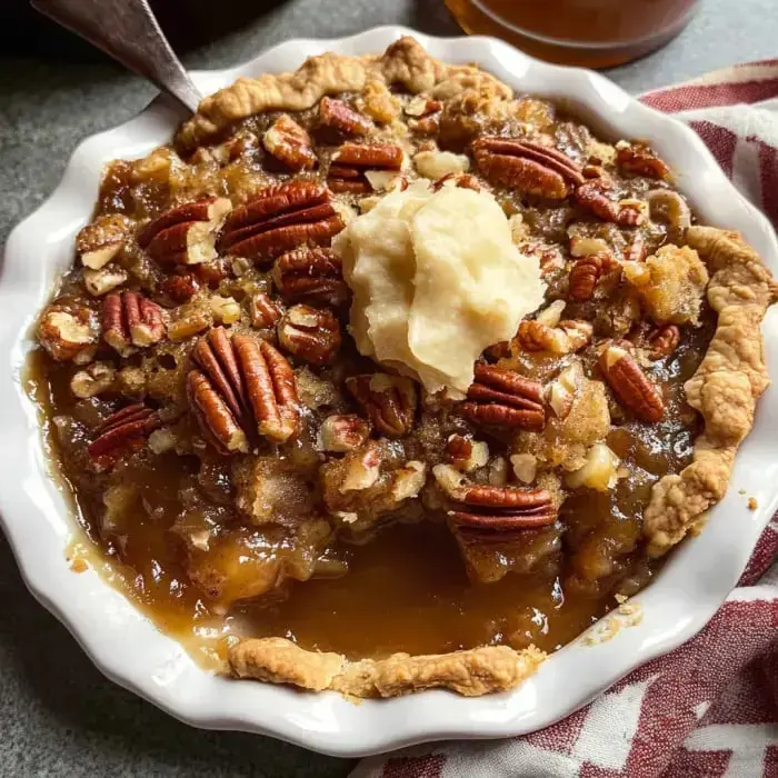 A close-up of a freshly baked pecan pie topped with a dollop of whipped cream, served in a white pie dish.