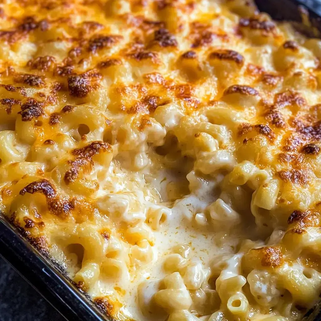 A close-up of a creamy, baked macaroni and cheese dish with a golden-brown, crispy topping.