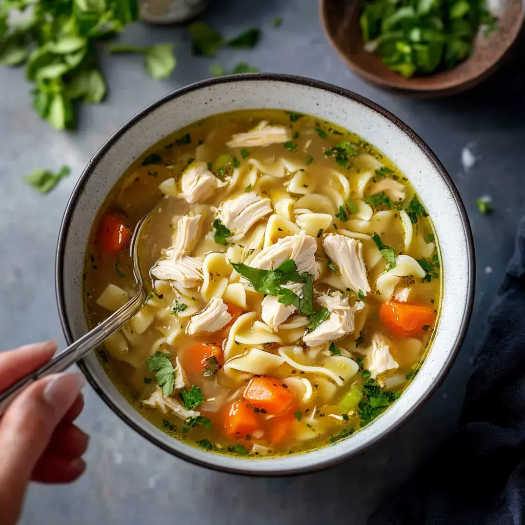 A bowl of chicken noodle soup with carrots and herbs, complemented by a spoon and garnished with fresh cilantro.