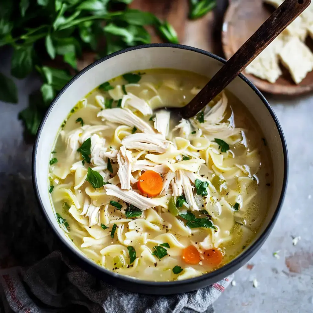 A bowl of chicken noodle soup with shredded chicken, noodles, carrots, and parsley, served with a wooden spoon.