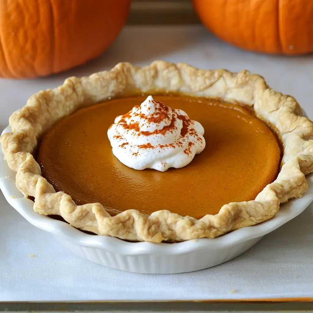 A pumpkin pie topped with whipped cream and a sprinkle of cinnamon, displayed with pumpkins in the background.