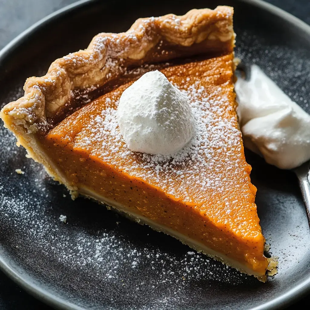 A slice of pumpkin pie topped with whipped cream and sprinkled with powdered sugar, served on a black plate.