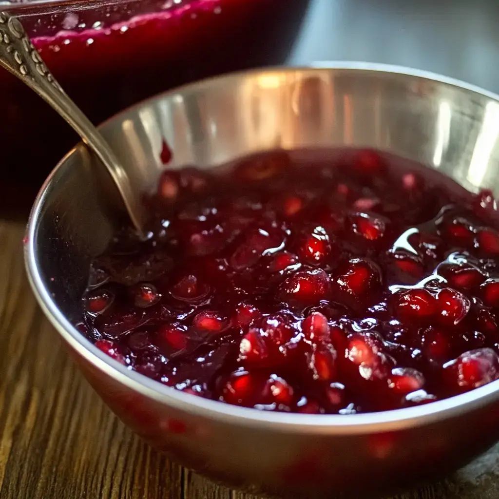 A silver bowl filled with glossy pomegranate jelly, garnished with bright red pomegranate seeds, is placed on a wooden surface.