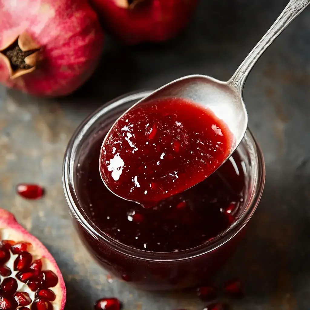 A spoonful of pomegranate jam is lifted from a glass jar, surrounded by fresh pomegranates and seeds on a dark surface.