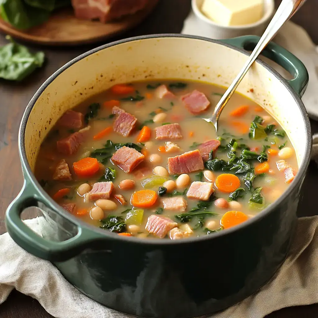 A pot of hearty soup containing ham, beans, carrots, and greens sits on a wooden surface with a spoon resting inside.