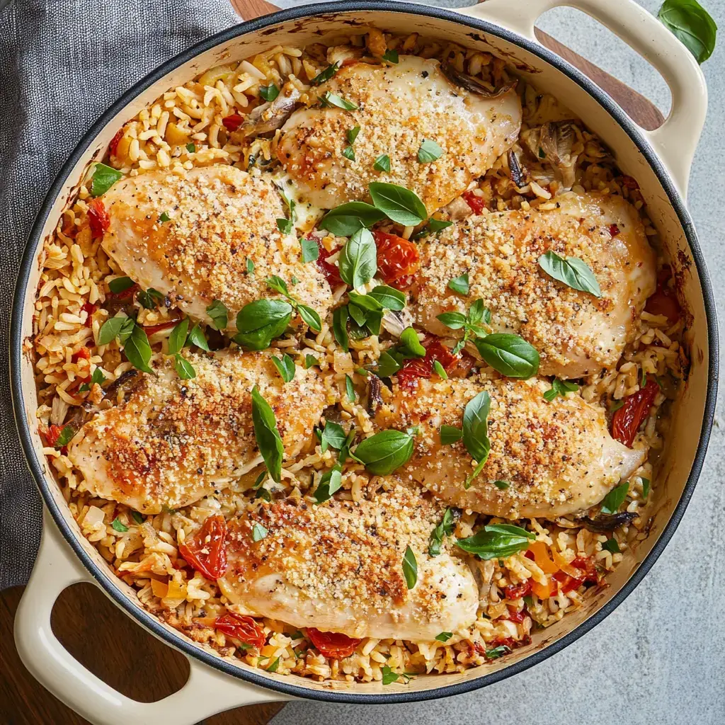 A baking dish filled with seasoned chicken breasts on a bed of rice and mixed vegetables, garnished with fresh basil and breadcrumbs.