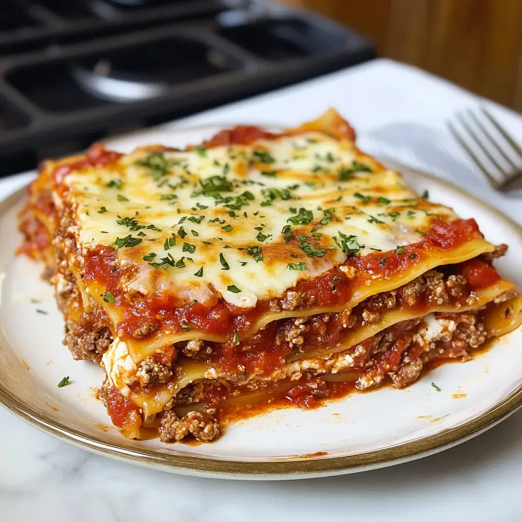 A slice of lasagna layered with meat, cheese, and marinara sauce, garnished with parsley on a white plate.