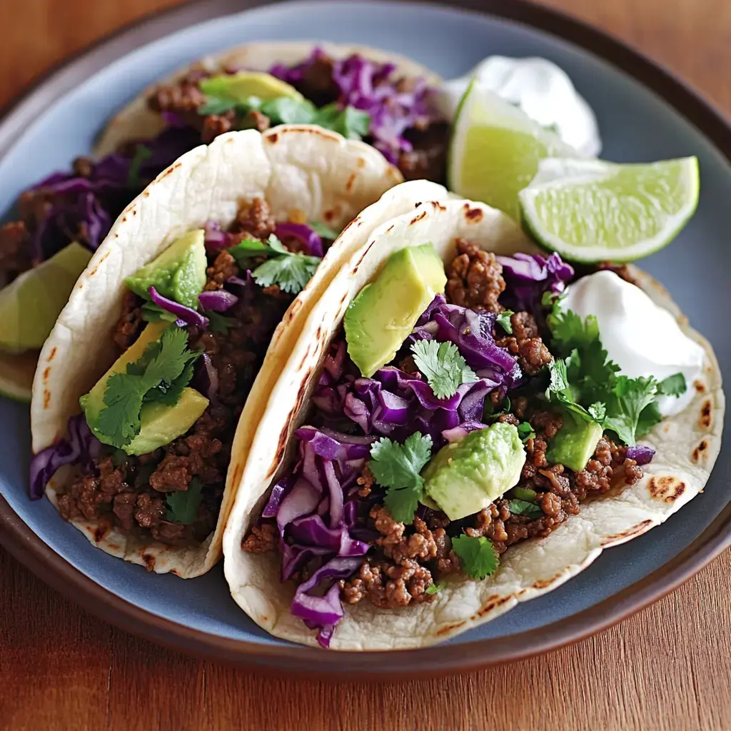 Three tacos filled with seasoned ground meat, shredded purple cabbage, avocado slices, and fresh cilantro, garnished with lime wedges and a dollop of sour cream on a blue plate.