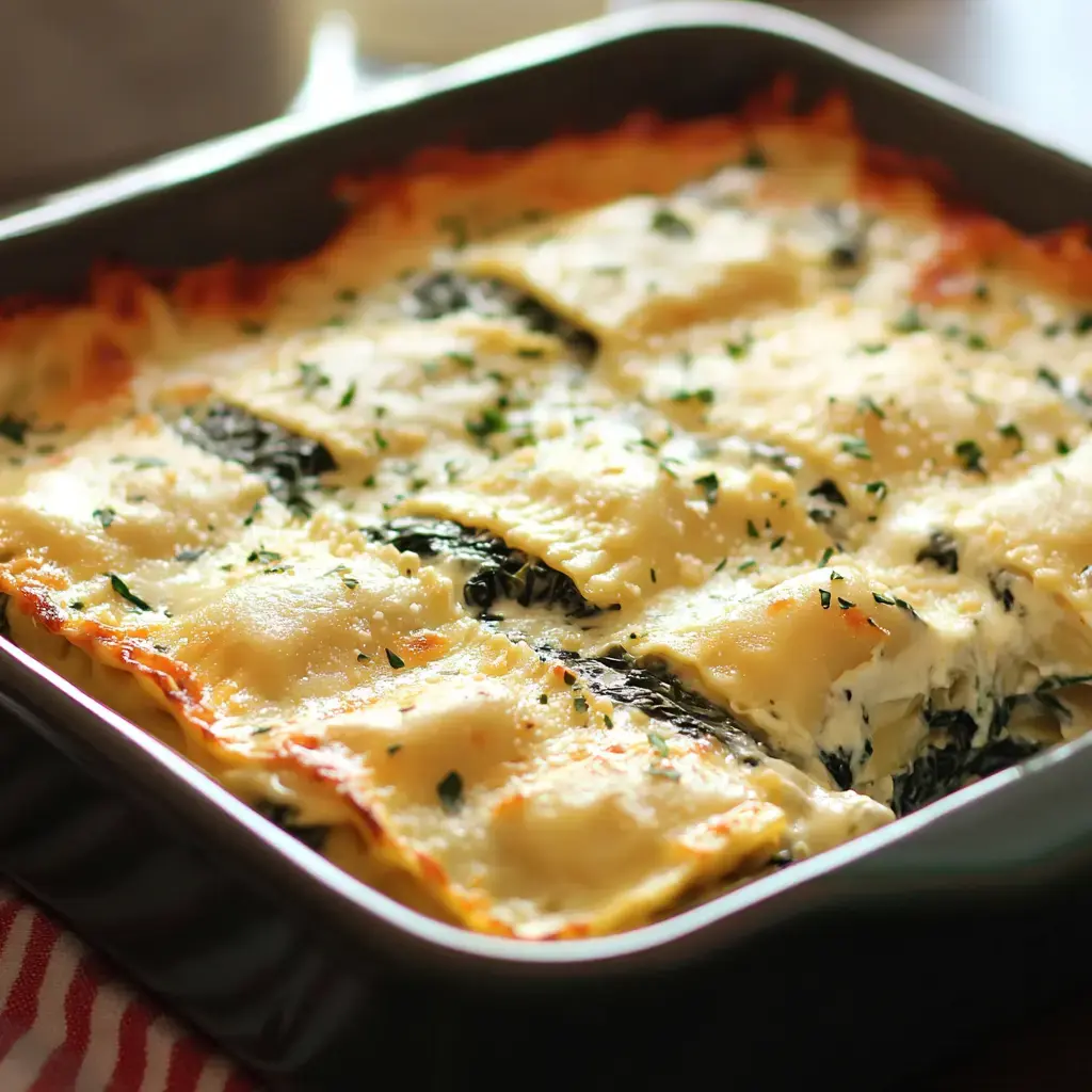 A close-up of a baked dish of lasagna topped with melted cheese and sprinkled with parsley.