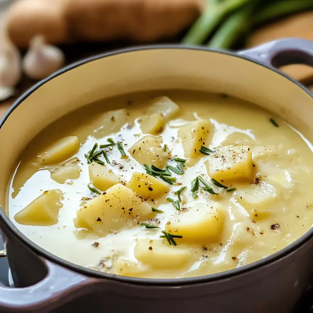 A close-up of a creamy potato soup garnished with herbs in a purple pot, with garlic and vegetables in the background.