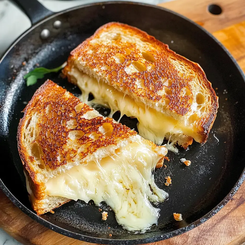 A grilled cheese sandwich with melted cheese oozing from between two golden-brown pieces of bread sits in a skillet.