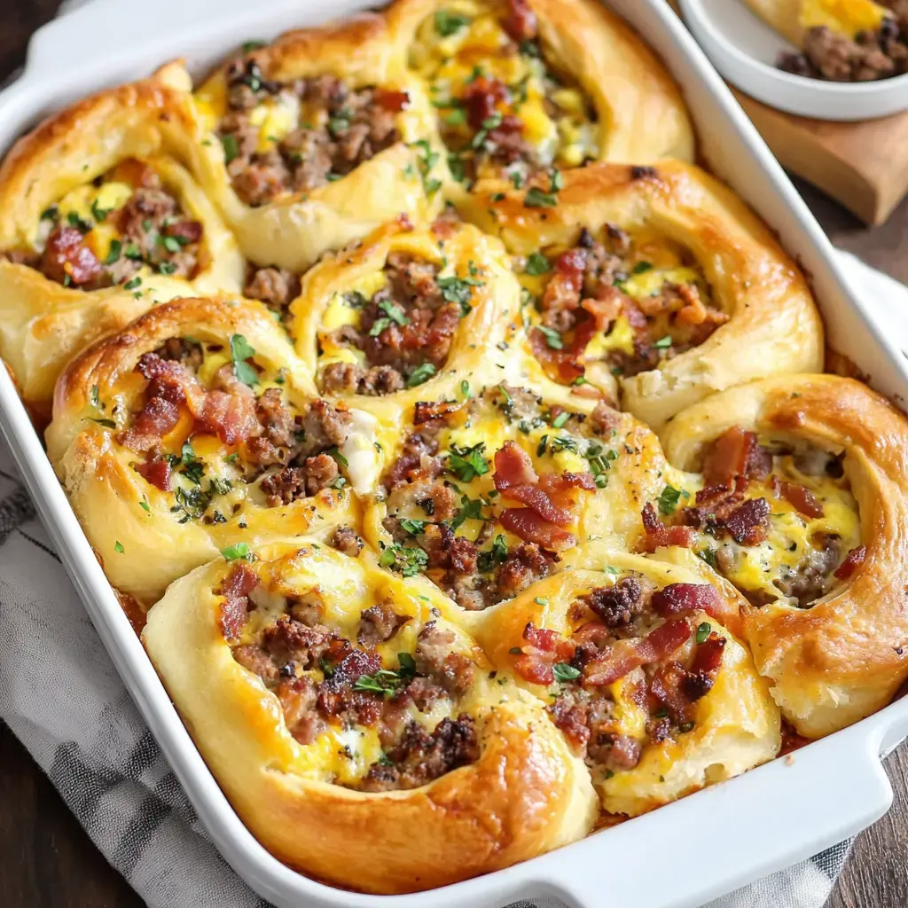 A white baking dish filled with golden, crispy rolls stuffed with sausage, bacon, cheese, and topped with green herbs.