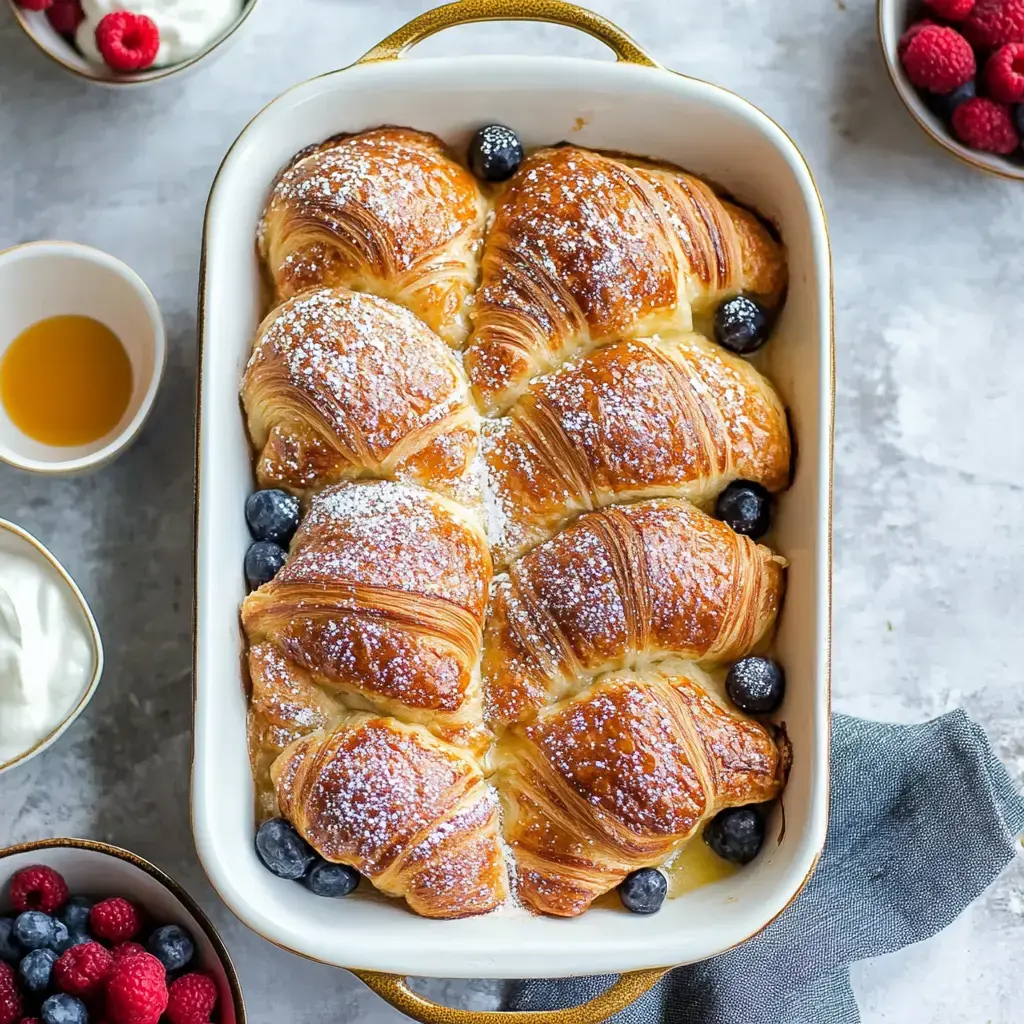 A baked croissant dish topped with powdered sugar and surrounded by fresh blueberries, served alongside bowls of raspberries, blueberries, yogurt, and syrup.