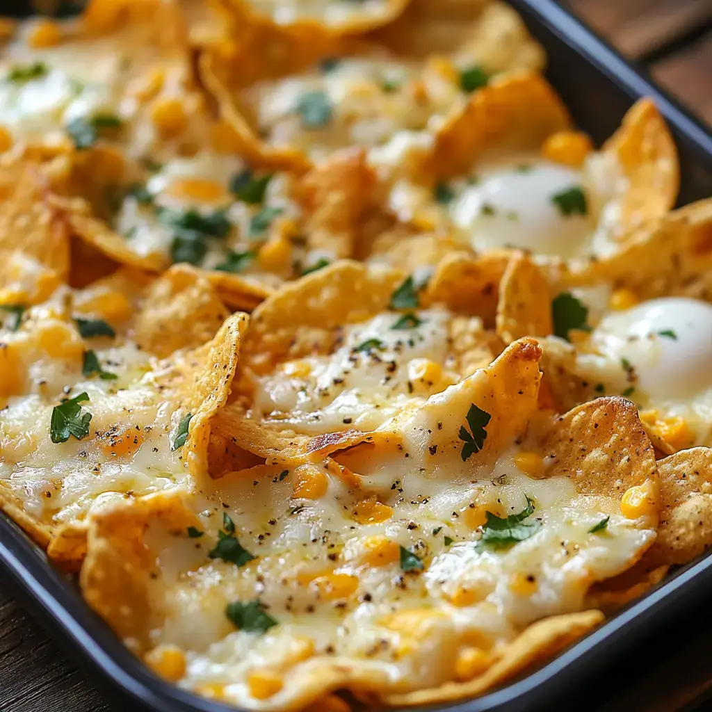 A close-up view of cheesy nachos topped with corn and garnished with fresh herbs, featuring a few baked eggs nestled among the chips.