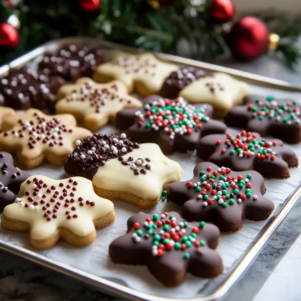 A tray of beautifully decorated festive cookies in various shapes, topped with colorful sprinkles and icing, set against a holiday backdrop.