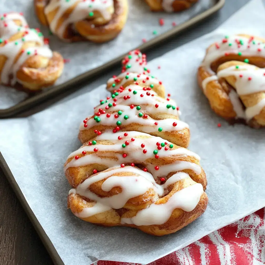 The image features cinnamon rolls shaped like Christmas trees, adorned with white icing and red and green sprinkles.