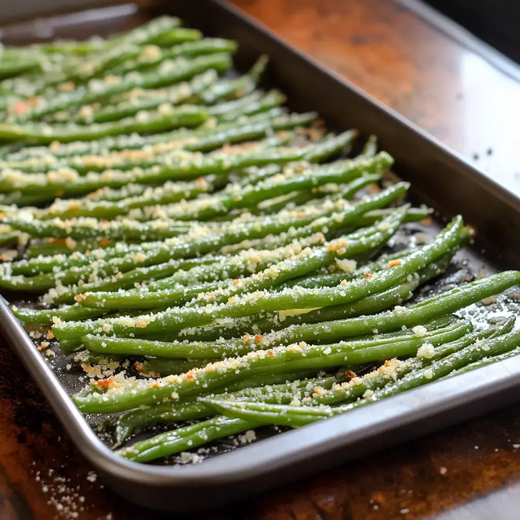 A baking tray filled with seasoned green beans topped with grated cheese.