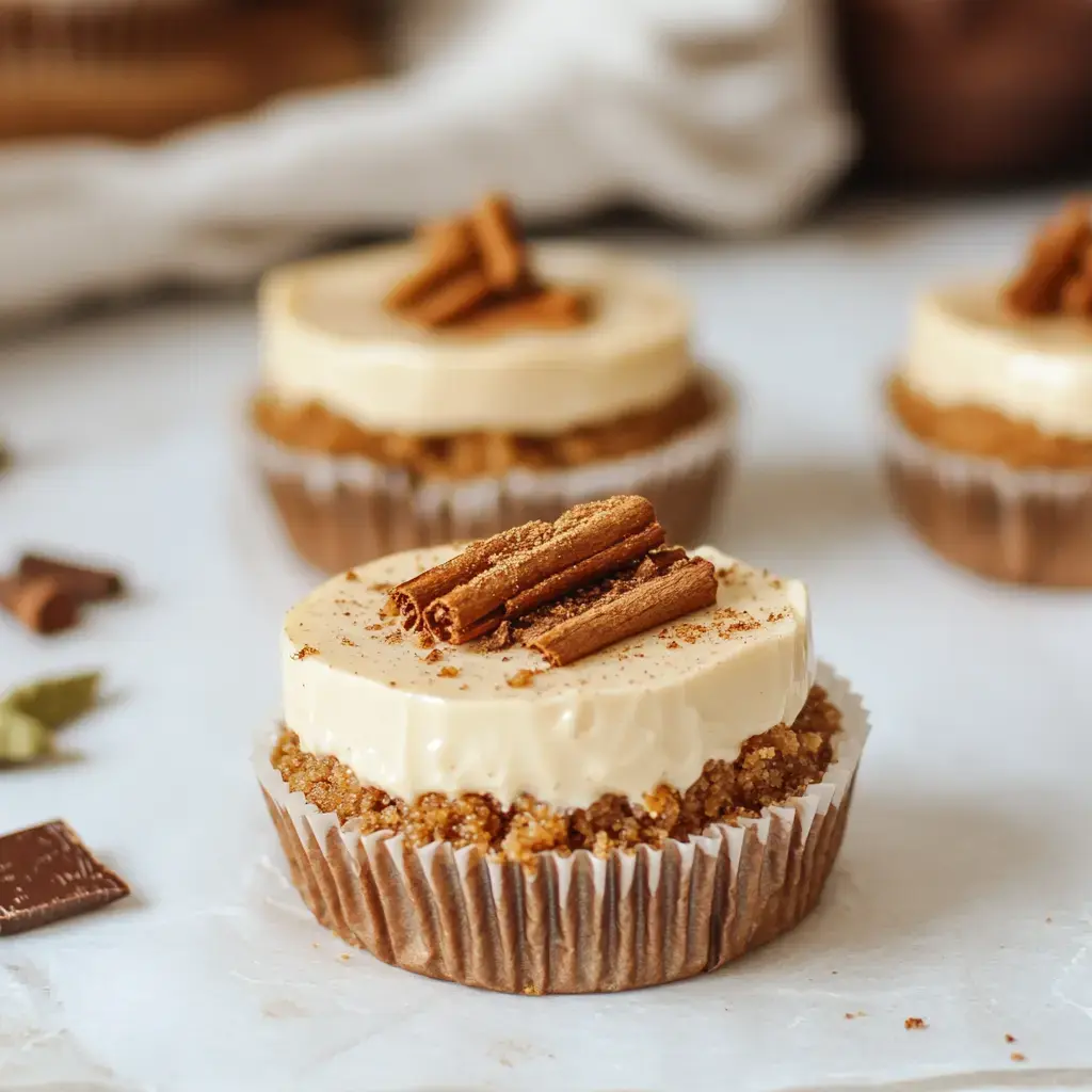 Three layered desserts with a brown base, topped with a creamy beige layer and garnished with cinnamon sticks, are arranged on a white surface.