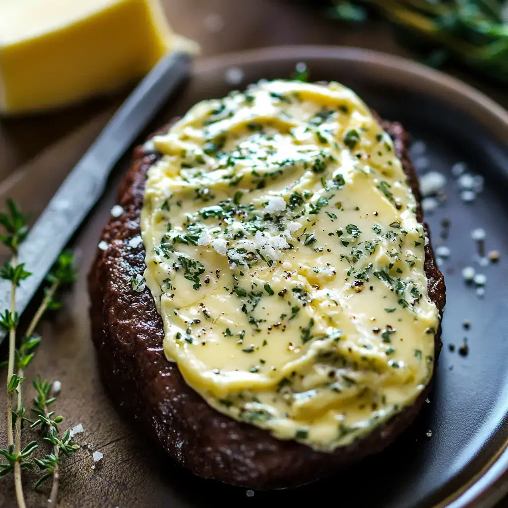 A plate features a cooked steak topped with herb butter, sprinkled with salt and pepper, alongside a knife and a pat of butter.