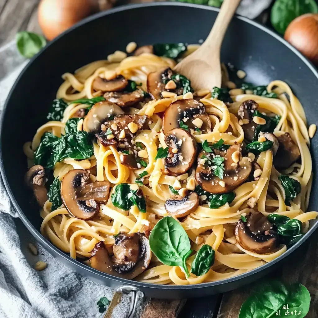 A close-up image of a pot filled with linguine pasta topped with sautéed mushrooms, spinach, and pine nuts, accompanied by a wooden spoon.