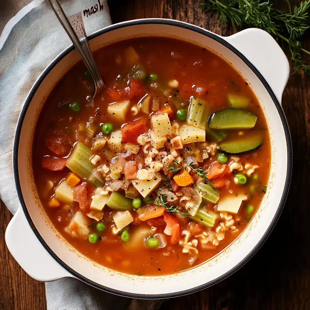 A hearty vegetable soup with a variety of diced vegetables, pasta, and herbs in a rich broth, served in a white bowl on a wooden surface.