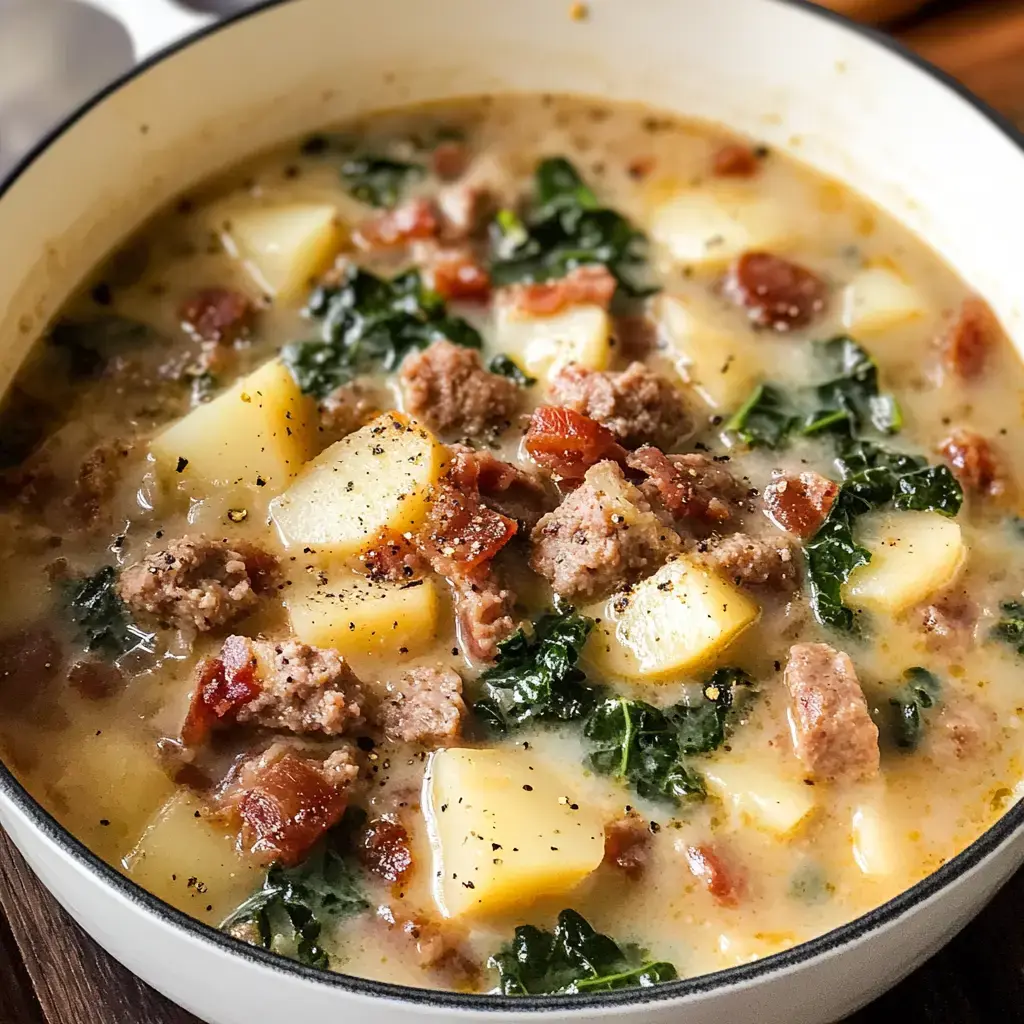 A creamy soup featuring chunks of potatoes, sausage, kale, and crispy bacon.