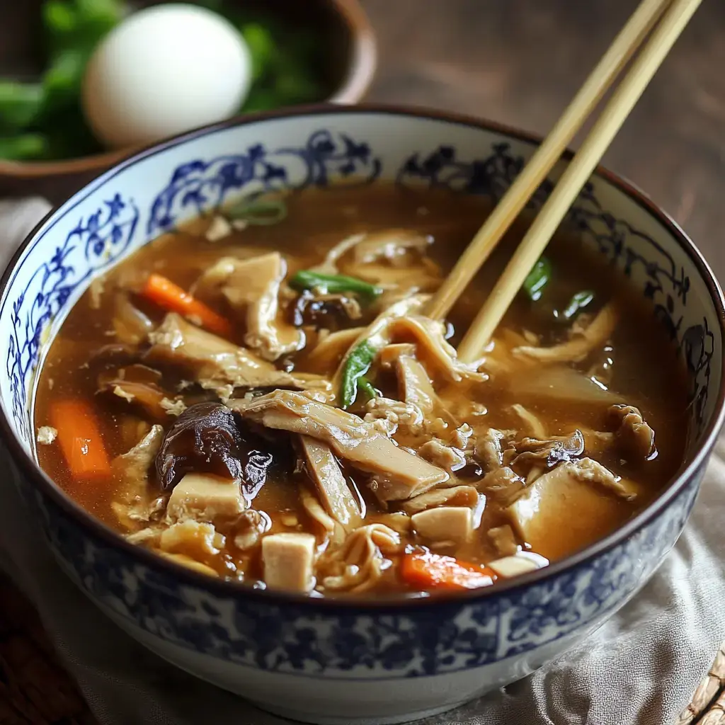 A bowl of savory noodle soup filled with various ingredients, including chicken, mushrooms, and vegetables, accompanied by a side of a boiled egg.