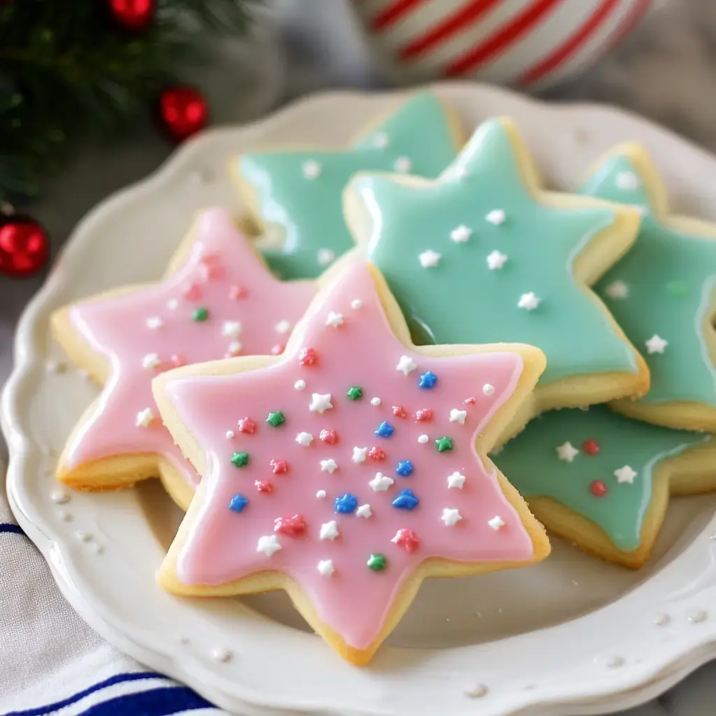 A plate of star-shaped cookies decorated with pink and green icing, sprinkled with colorful star-shaped decorations.