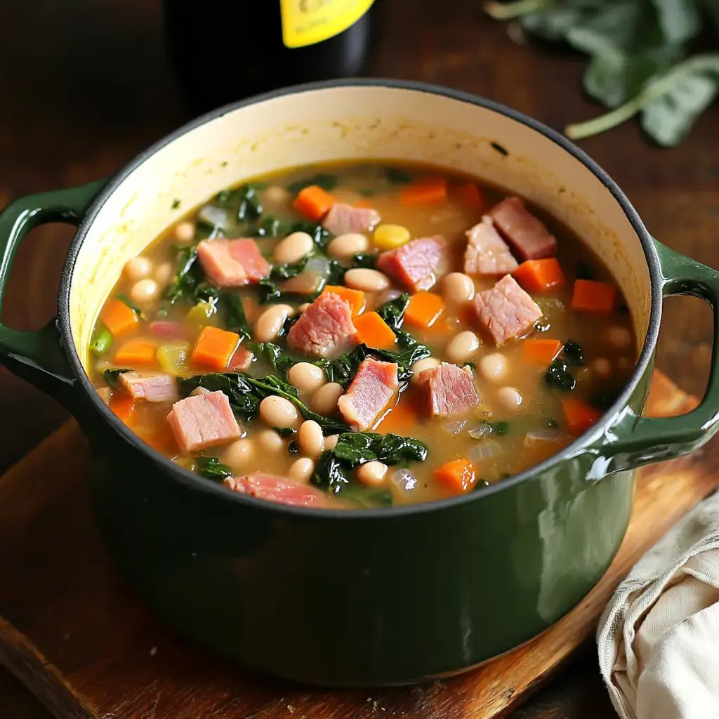 A green pot filled with a hearty soup containing ham, white beans, carrots, and leafy greens.