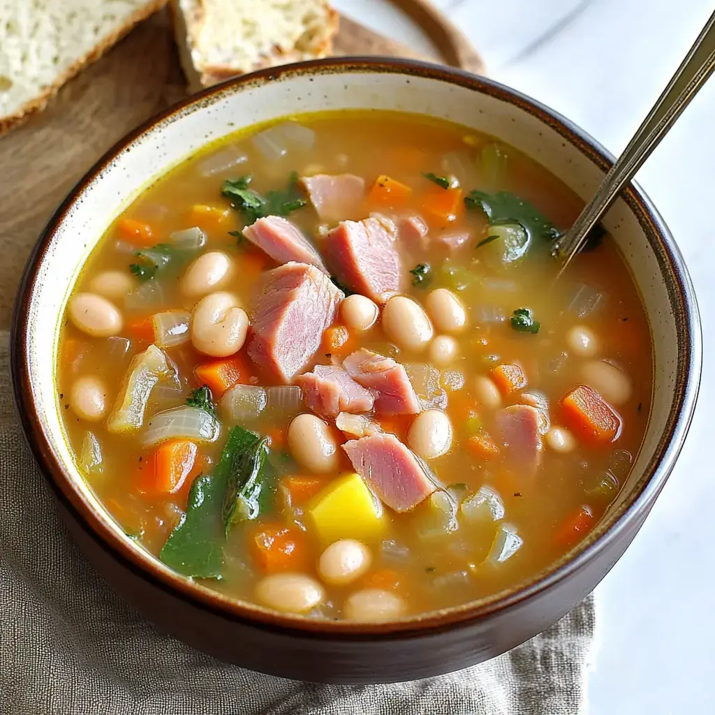 A bowl of hearty soup filled with white beans, ham, carrots, onions, and greens, accompanied by a slice of bread on a wooden serving tray.