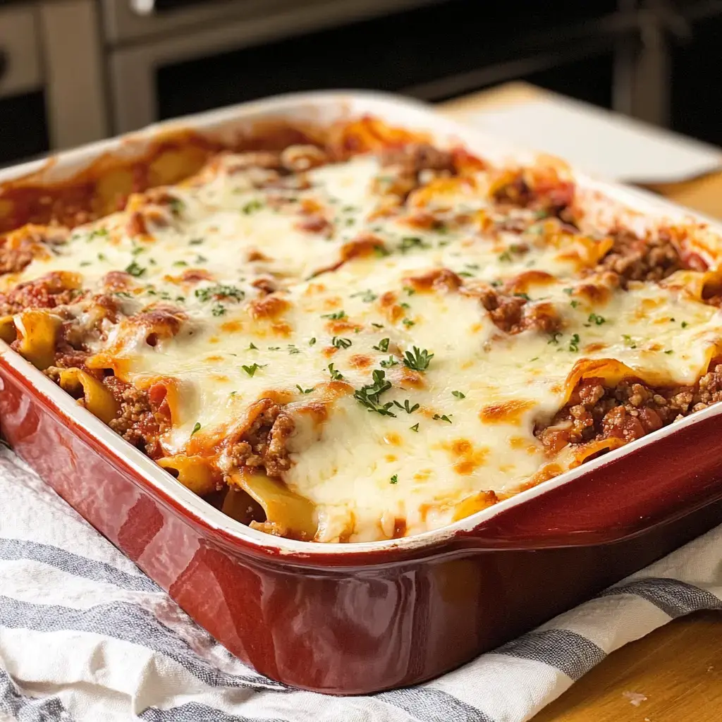 A close-up view of a baked pasta dish featuring layers of noodles, ground meat, marinara sauce, and melted cheese, garnished with parsley in a red casserole dish.