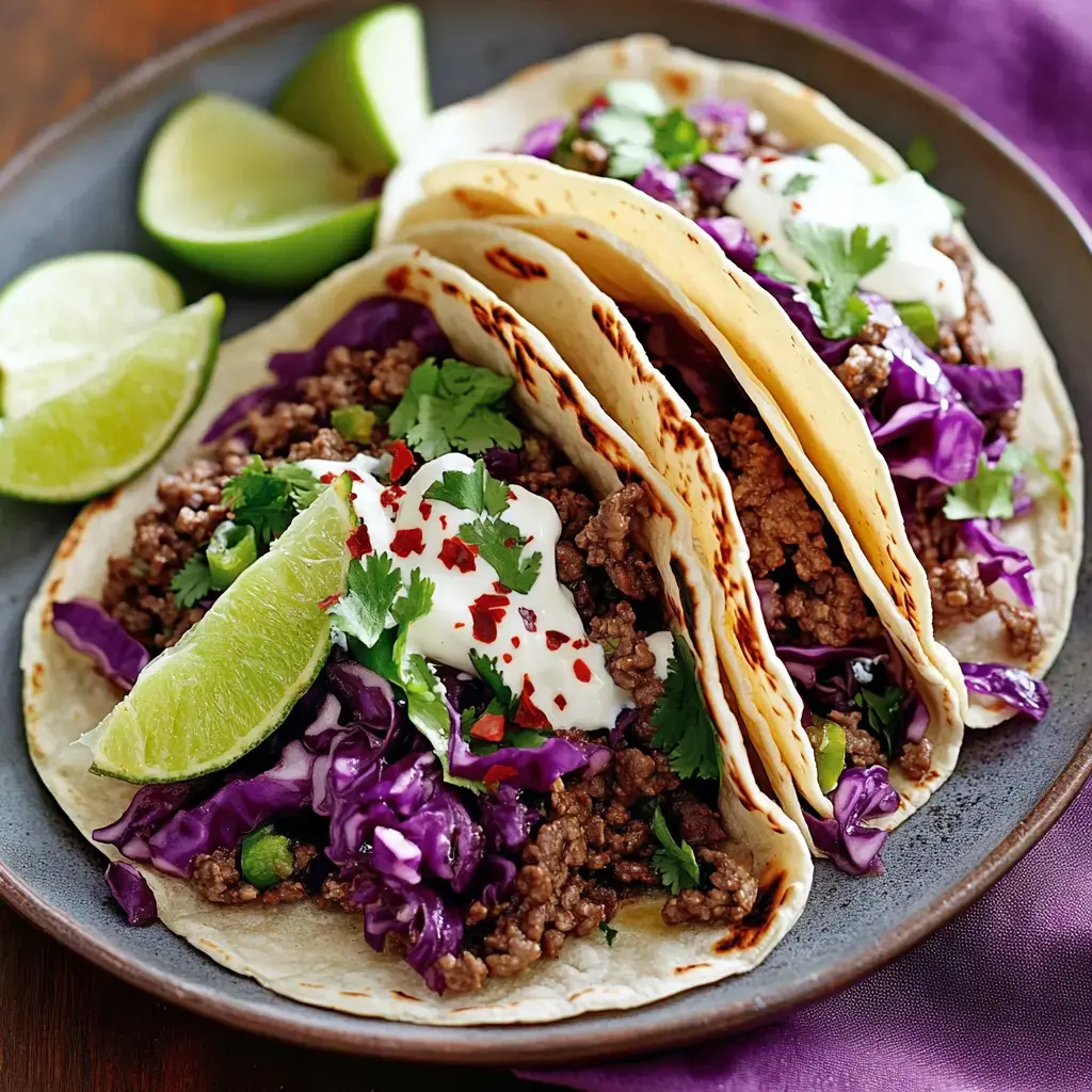 Three tacos filled with seasoned ground beef, purple cabbage, cilantro, sour cream, and lime wedges are arranged on a plate.