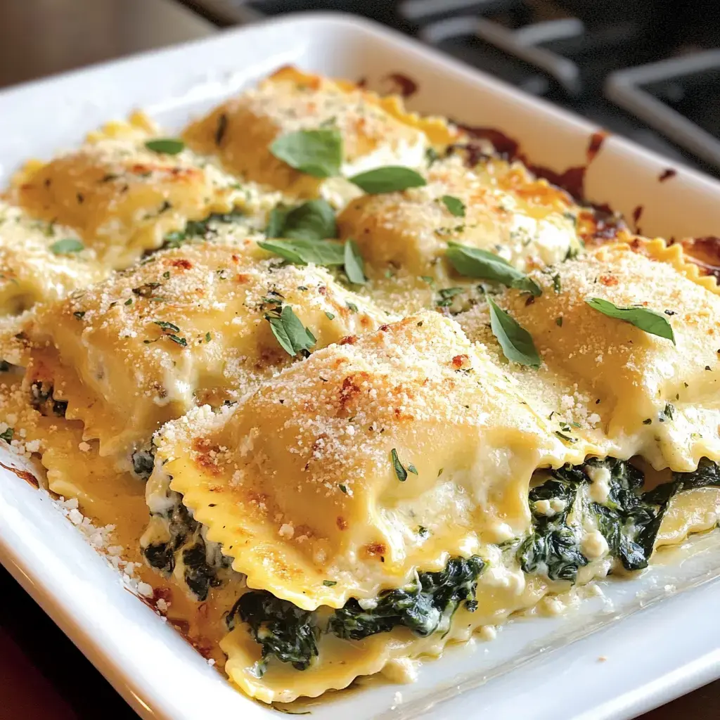 A close-up of baked spinach and cheese ravioli topped with herbs and grated cheese in a white serving dish.