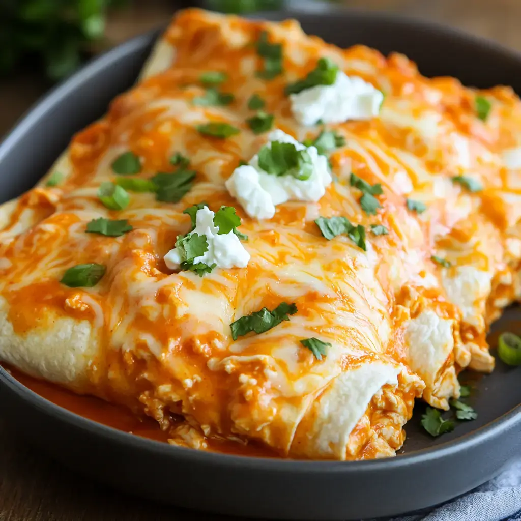 A close-up view of cheesy enchiladas topped with green onions, cilantro, and dollops of sour cream in a gray dish.