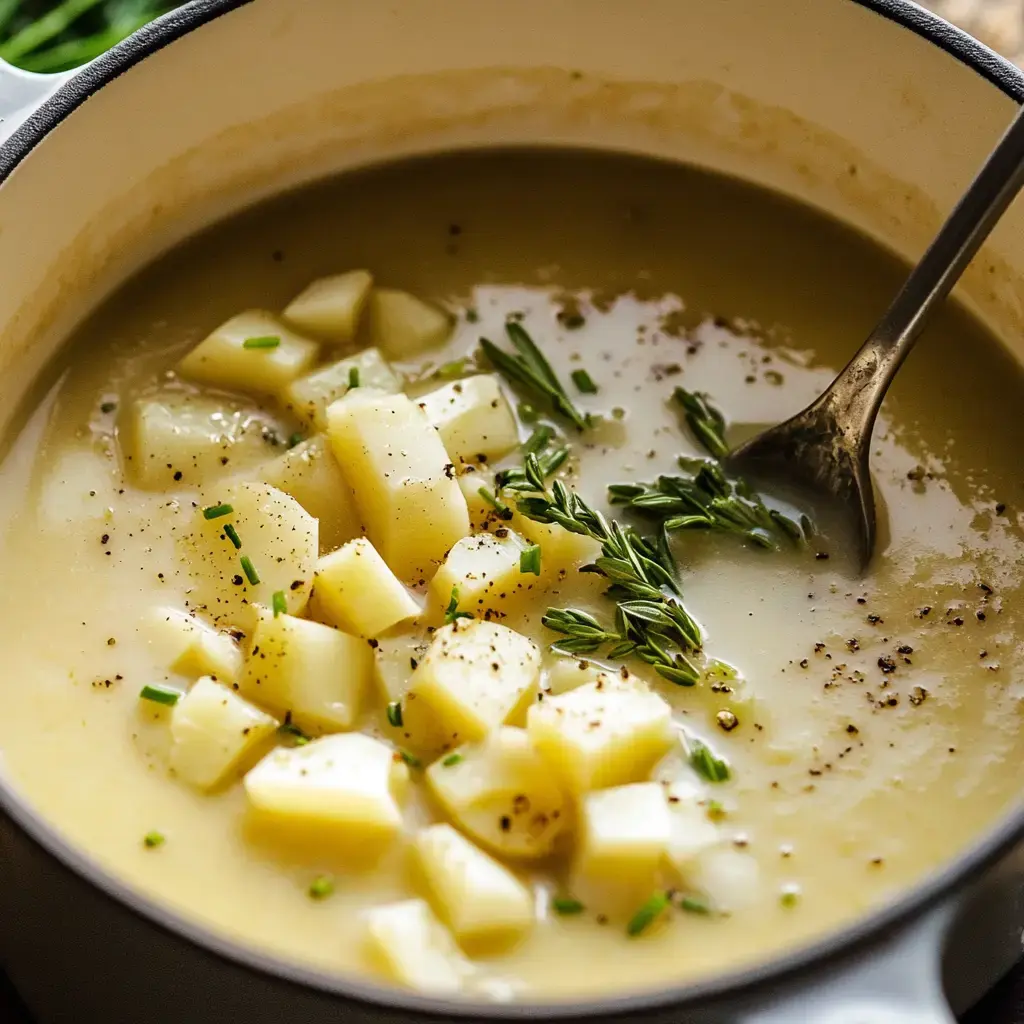 A creamy soup with diced potatoes and fresh herbs is served in a pot, garnished with black pepper.