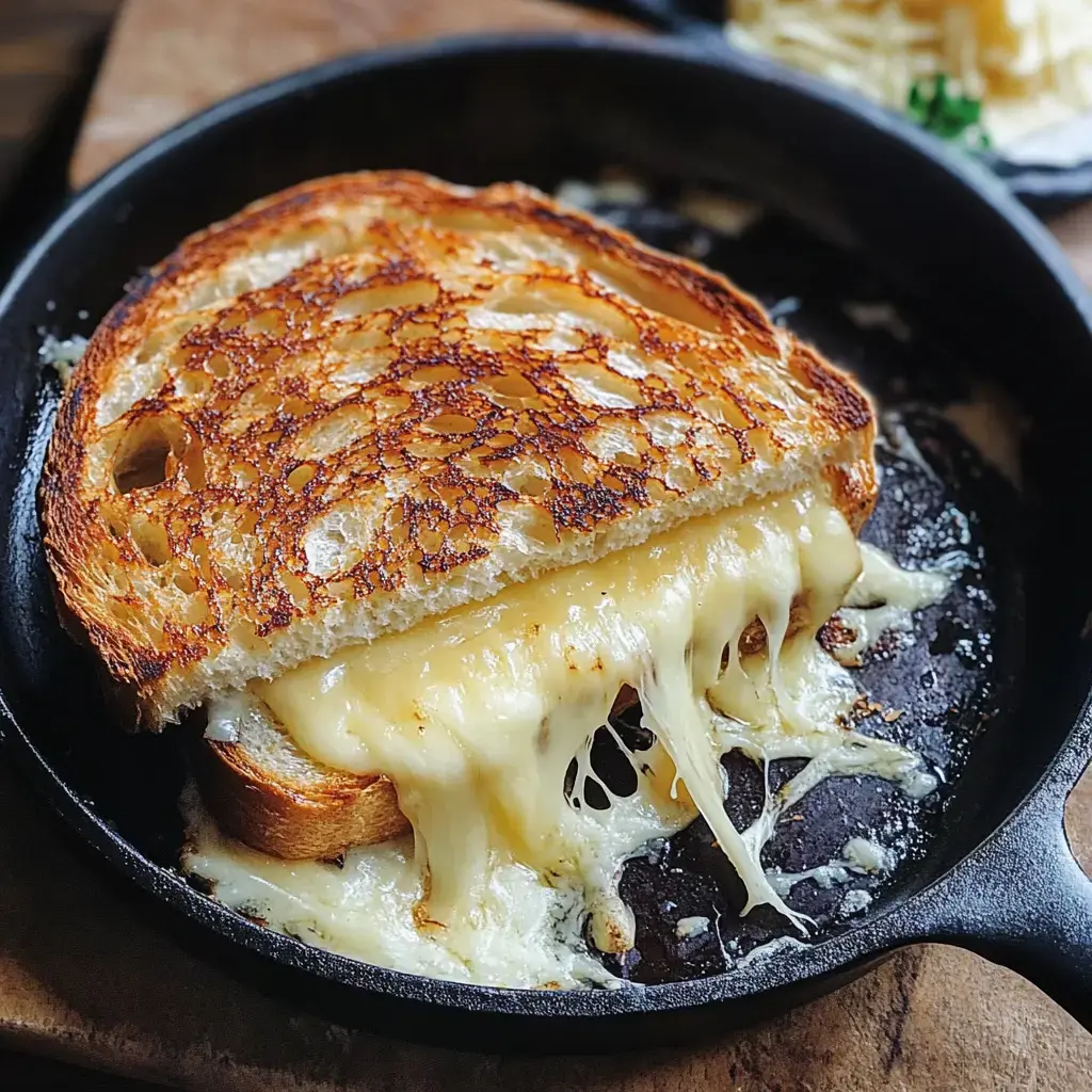 A golden-brown grilled cheese sandwich with melted cheese oozing out, placed in a cast-iron skillet.