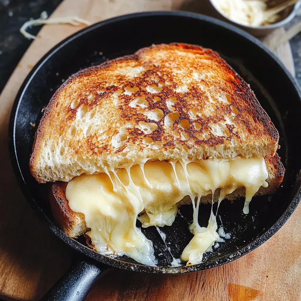 A grilled cheese sandwich with melted cheese oozing out is shown in a cast iron skillet on a wooden surface.