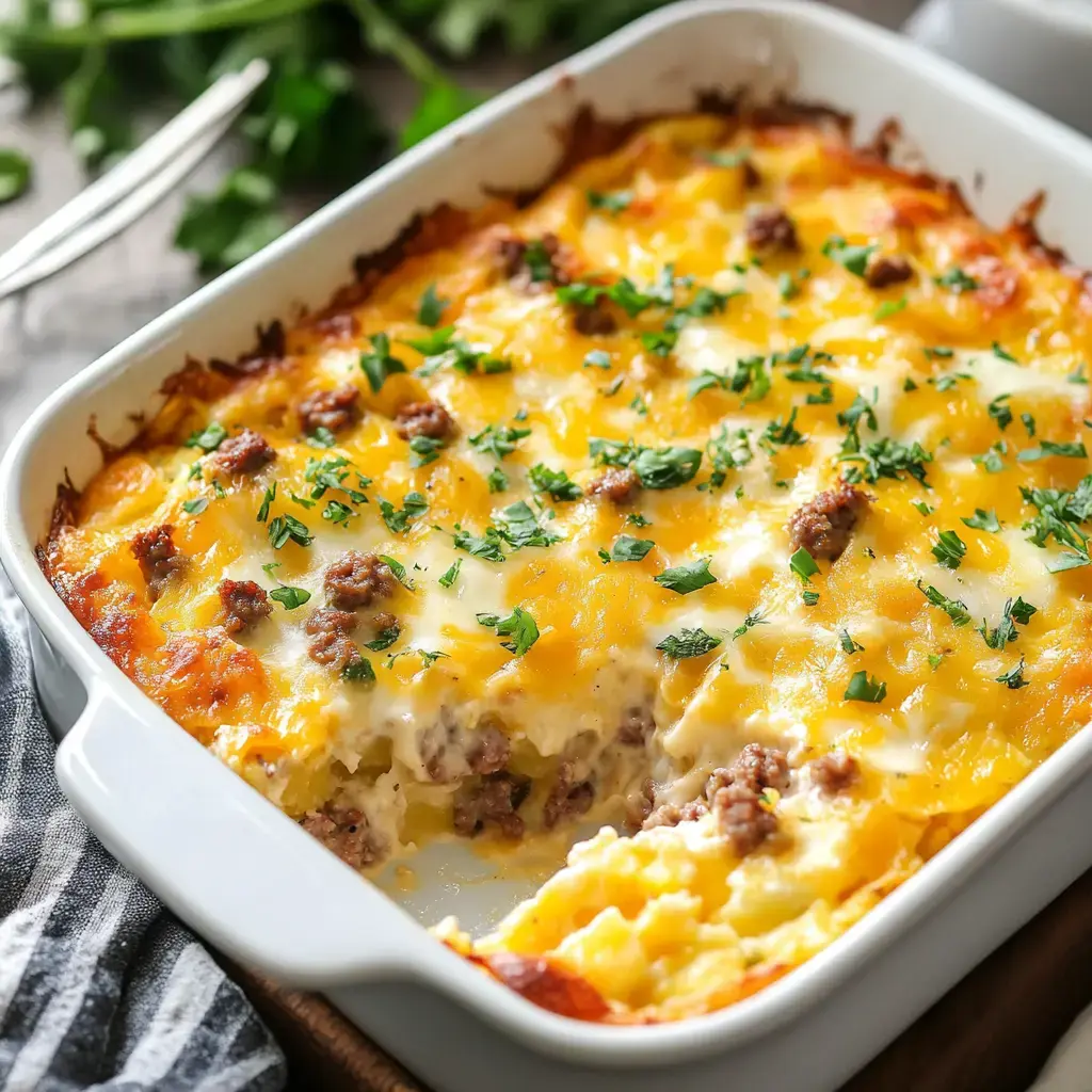 A baked casserole topped with melted cheese and ground meat, garnished with fresh parsley.