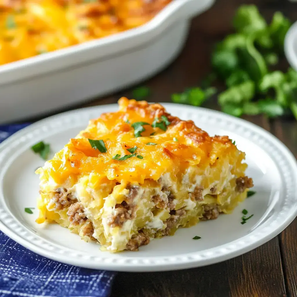 A slice of cheesy casserole with ground meat and a golden-brown top, garnished with fresh herbs, served on a white plate.