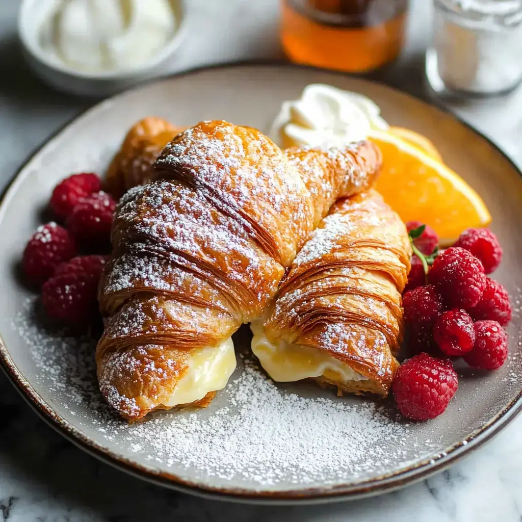 A plate with two powdered sugar-dusted croissants filled with cream, accompanied by fresh raspberries, a slice of orange, and a dollop of whipped cream.